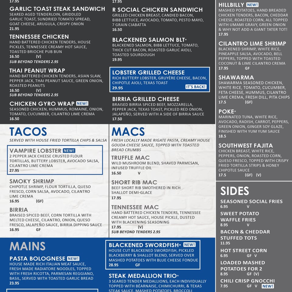 Restaurant menu featuring handheld sandwiches, bowls, tacos, mac and cheese, mains, and sides with prices and descriptions.