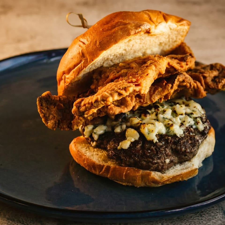 Gourmet burger with a thick patty, melted cheese, and crispy fried chicken on a blue plate.