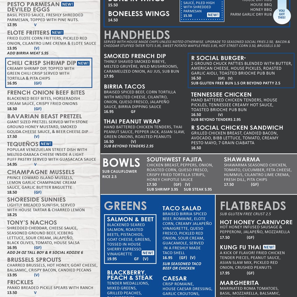 R Social on Main restaurant menu featuring starters, chicken tenders, wings, handhelds, bowls, salads, soups, and flatbreads.
