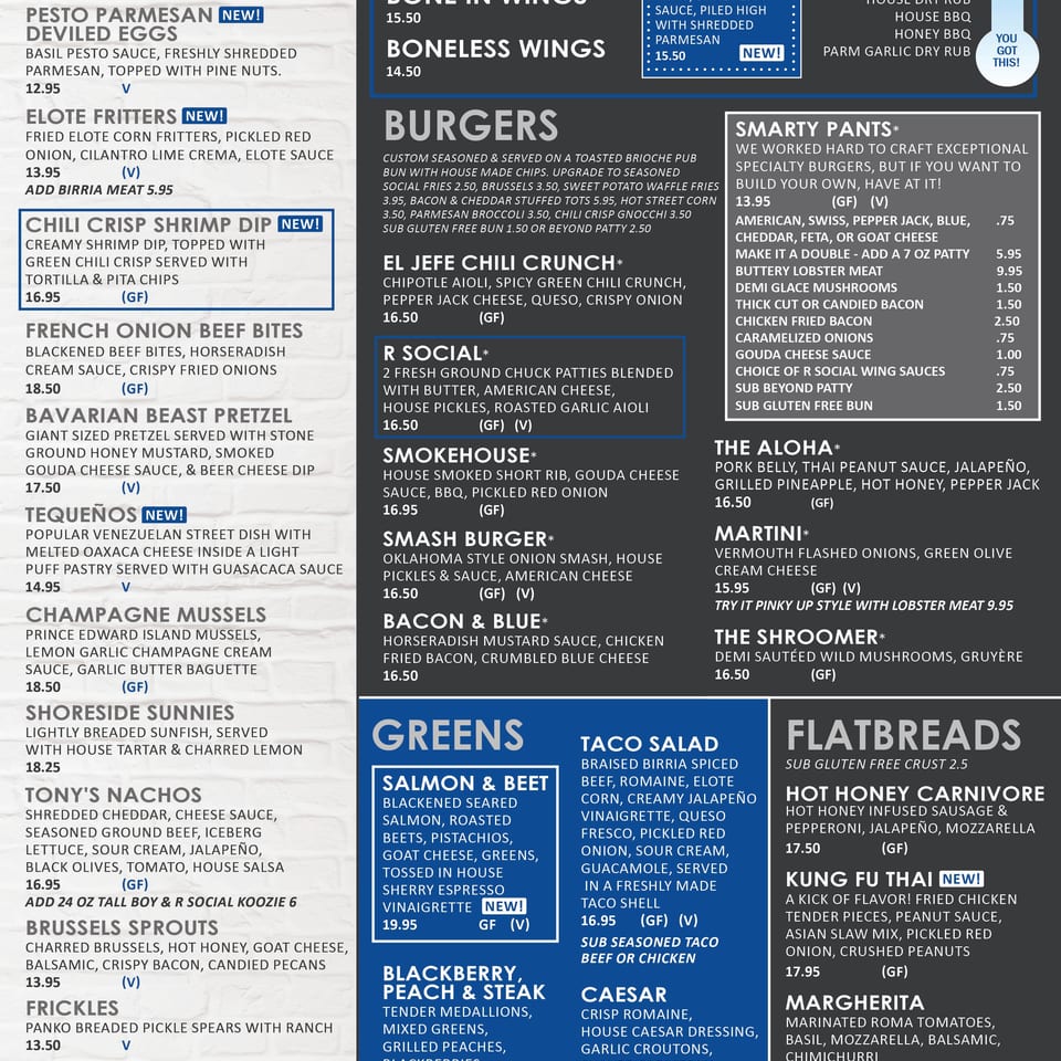 R Social on Main restaurant menu featuring starters, chicken tenders, wings, burgers, salads, soups, and flatbreads.