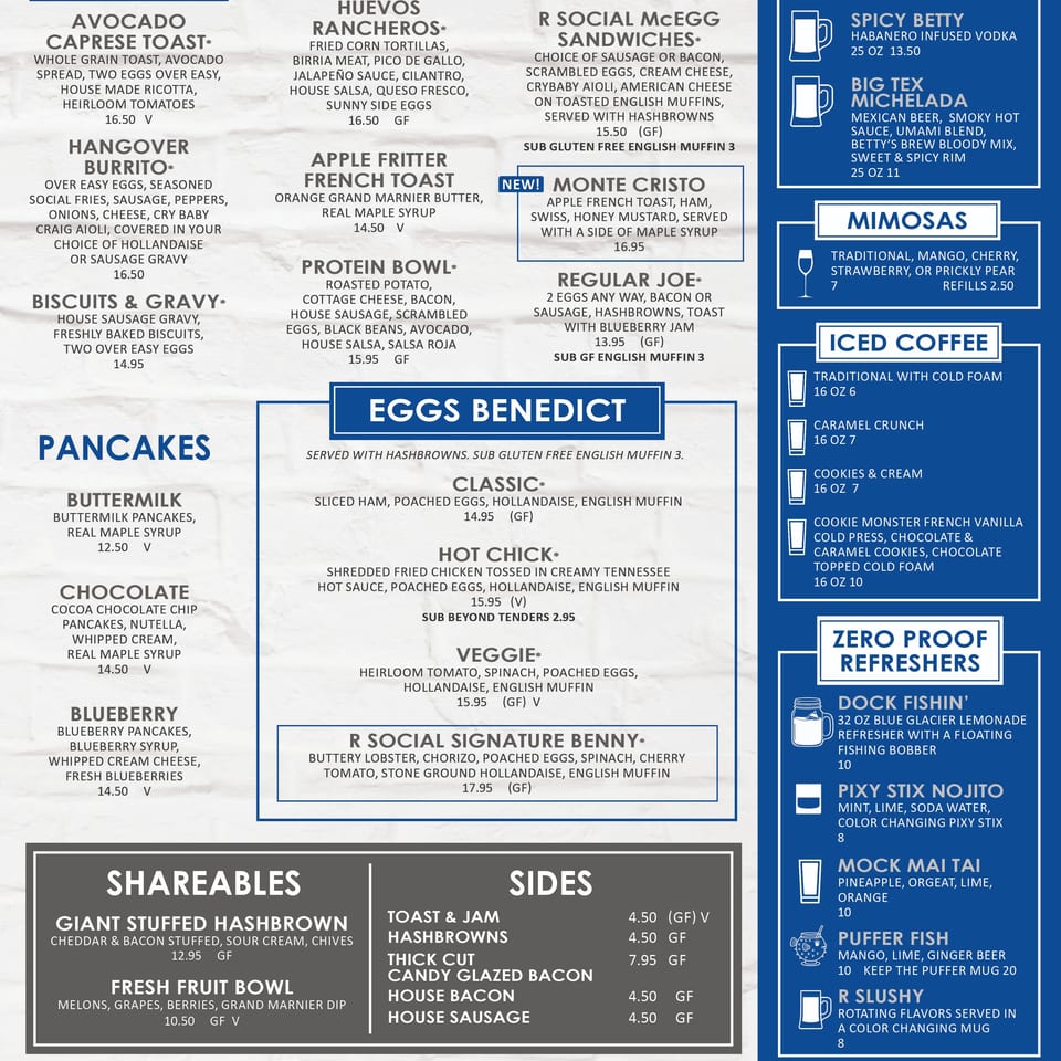 R Social on Main brunch menu featuring breakfast dishes, pancakes, eggs Benedict, kids’ meals, cocktails, coffee, and refreshments.
