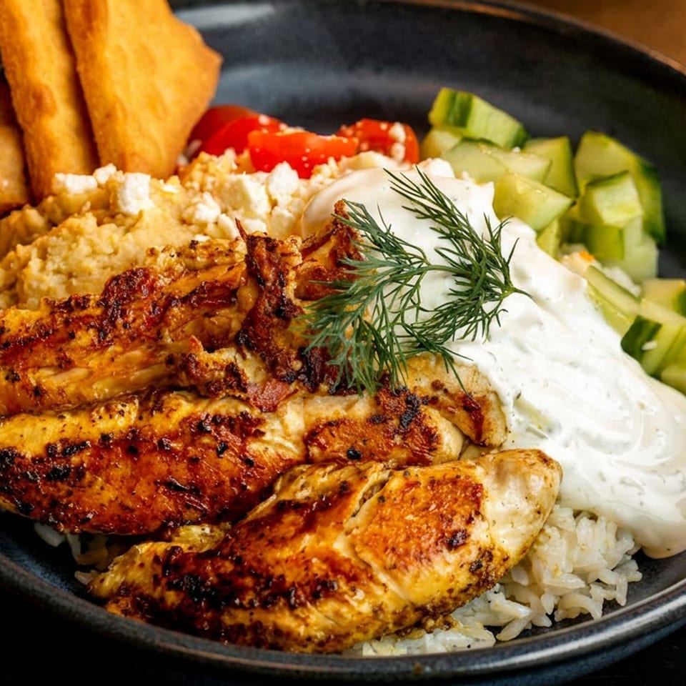 Grilled chicken, rice, hummus, pita, tomatoes, cucumbers, and tzatziki sauce with dill in a bowl.