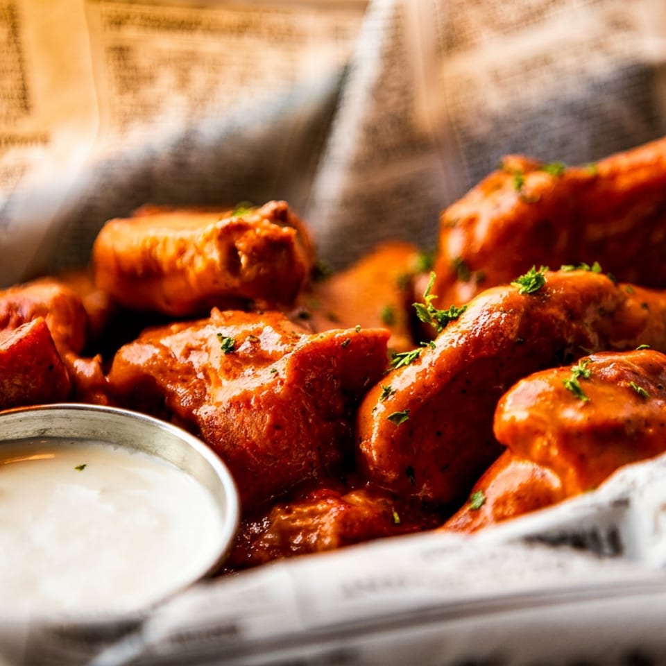 Spicy chicken wings with ranch dressing in a metal basket lined with newspaper.